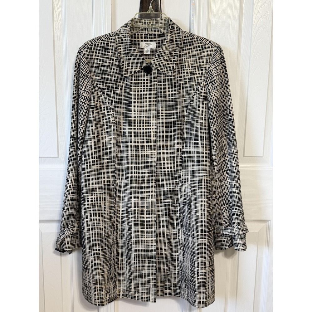 Ann Taylor LOFT Black White Geometric Grid Cotton Trench Coat Jacket Womens L